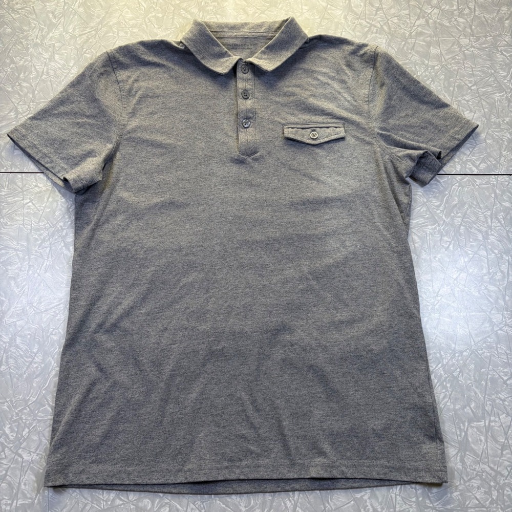 Structure Mens Gray Short Sleeve Jersey Polo Shirt Size M Button Pocket 0267